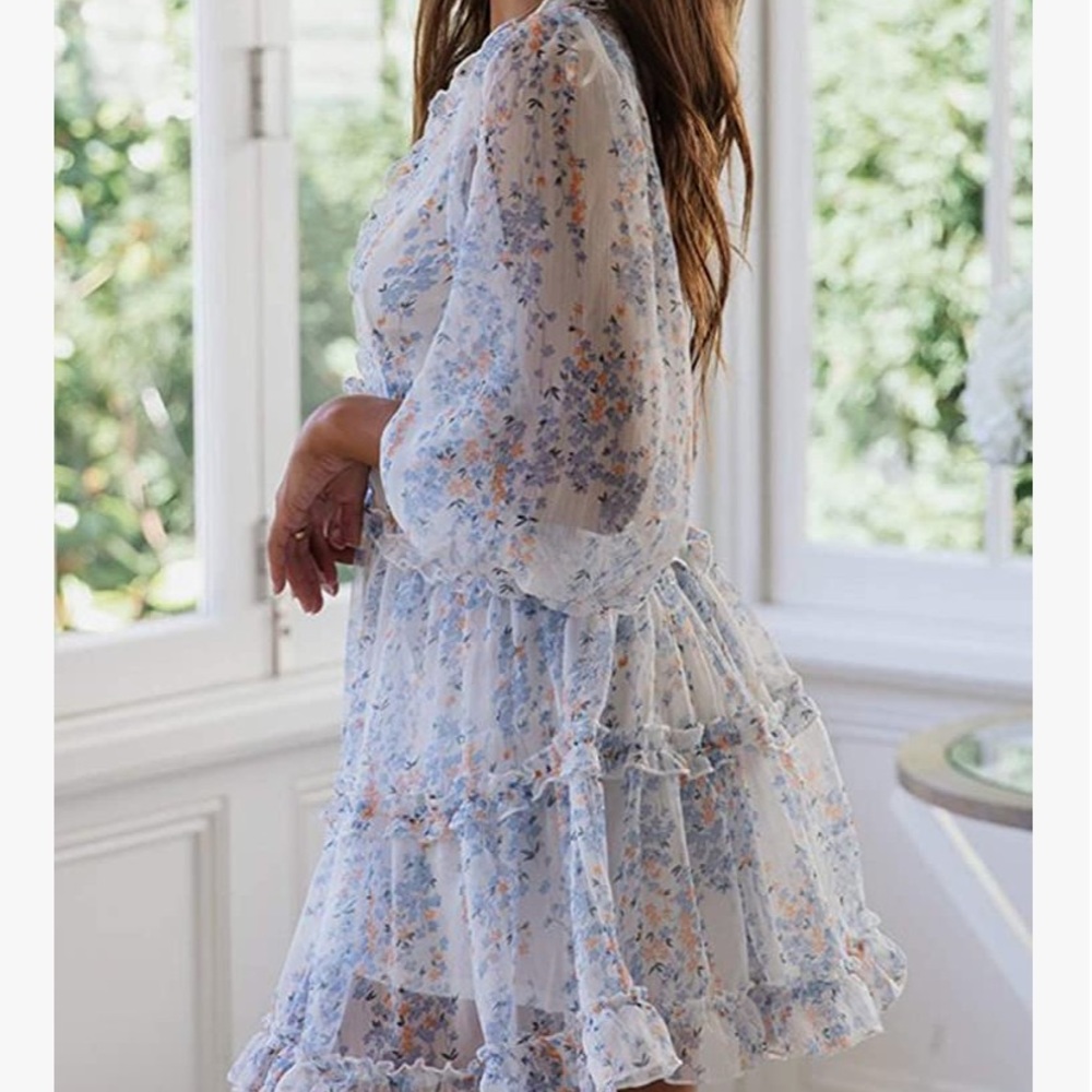 V Neck Long Sleeve Open Back Printed Mini Dress - Picture 4 of 8